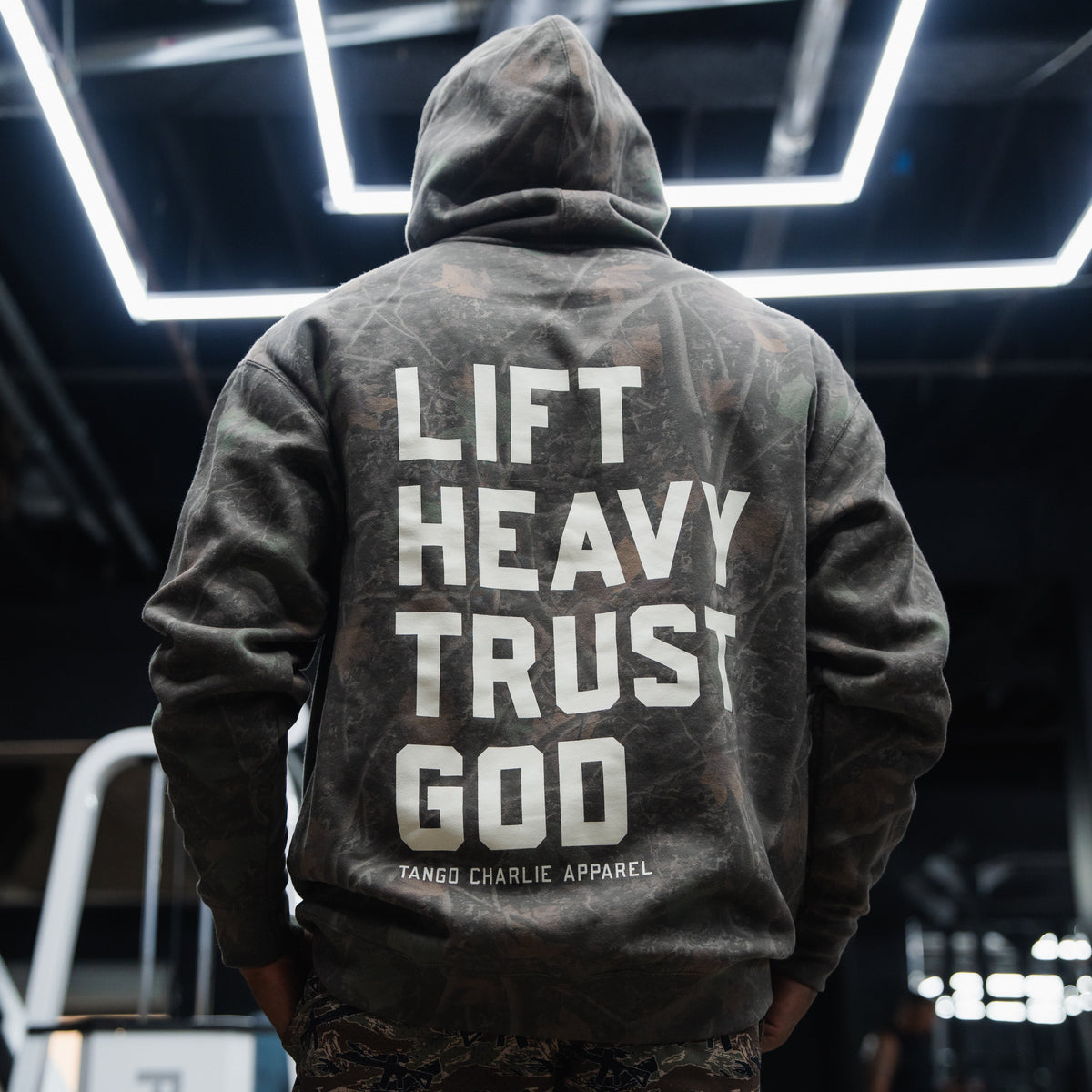 Lift Heavy. Trust God. - Premium Darkwood Camo Hoodie