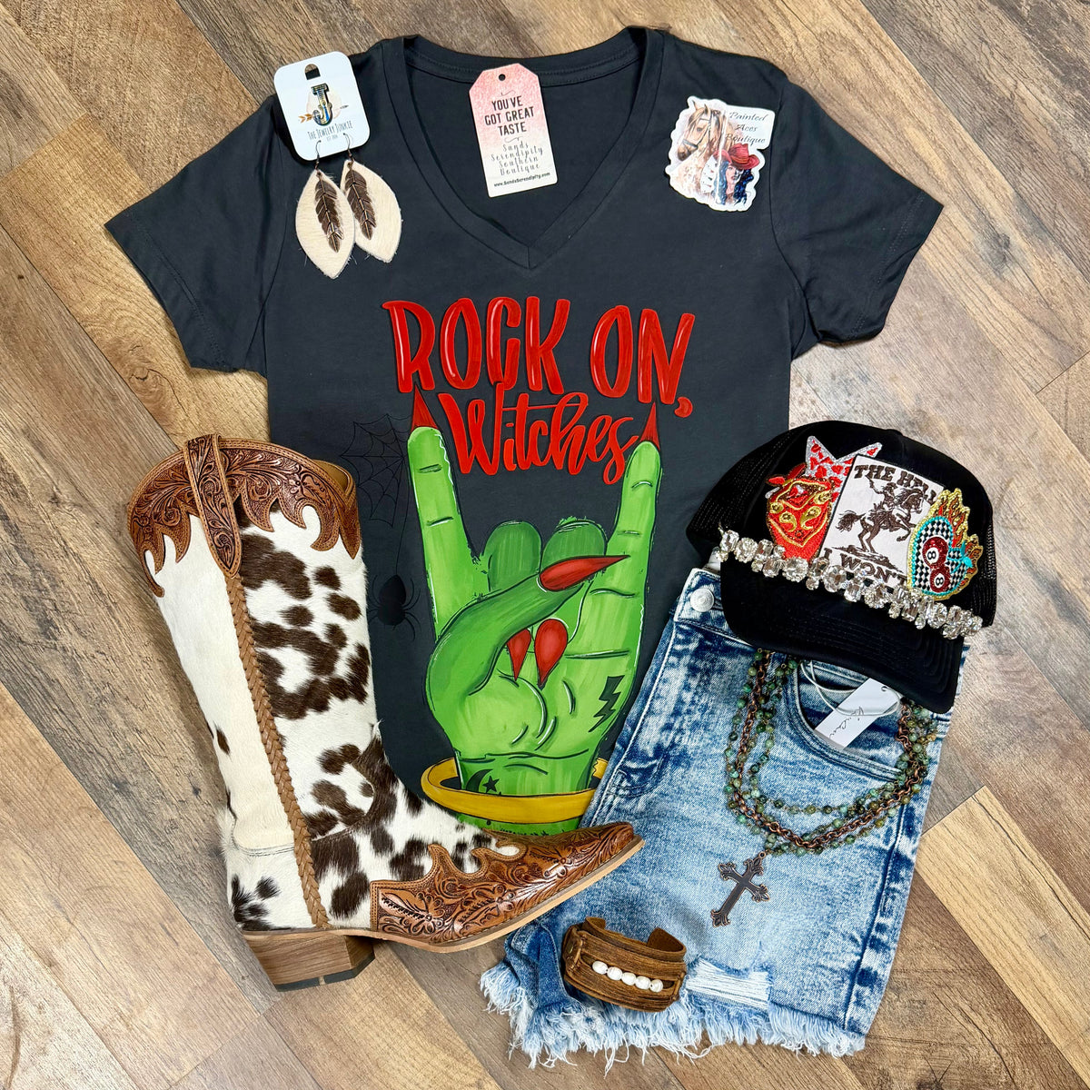 Rock On Witches | Western V-Neck Graphic T-Shirt