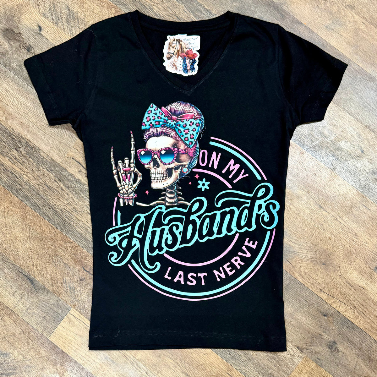 On My Husband’s Last Nerve | Western V-Neck Graphic T-Shirt