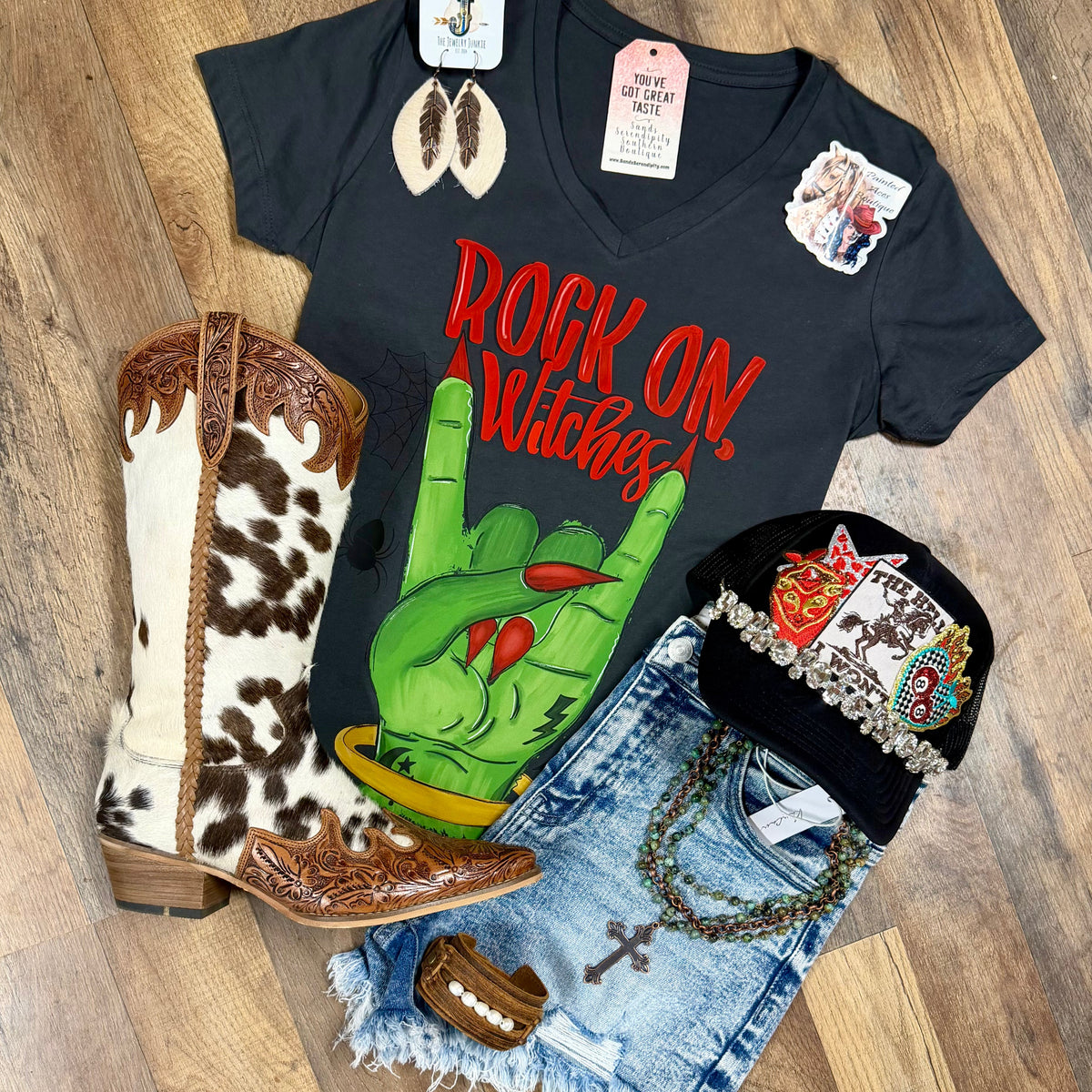 Rock On Witches | Western V-Neck Graphic T-Shirt