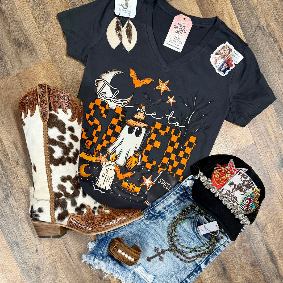 Take Me To Salem | Western V-Neck Graphic T-Shirt