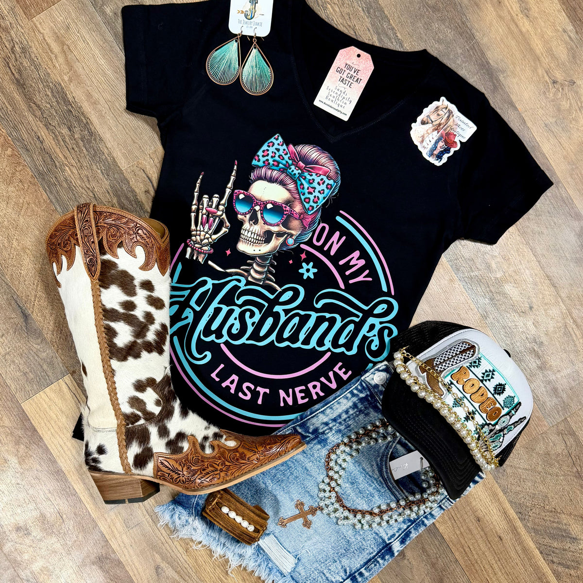 On My Husband’s Last Nerve | Western V-Neck Graphic T-Shirt