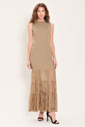 GILDED GRACE GOLD METALLIC LACE-TIER SWEATER MAXI DRESS